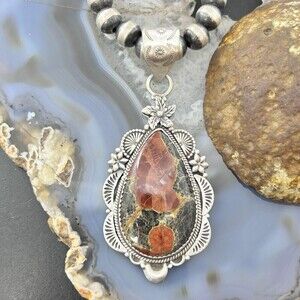 Sterling Silver Southwestern Style Peanut Obsidian Decorated Pendant For Women